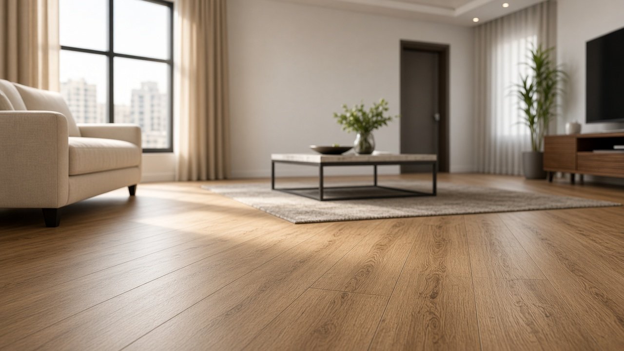 German laminate flooring installed in a modern Karachi living room with oak wood-look planks