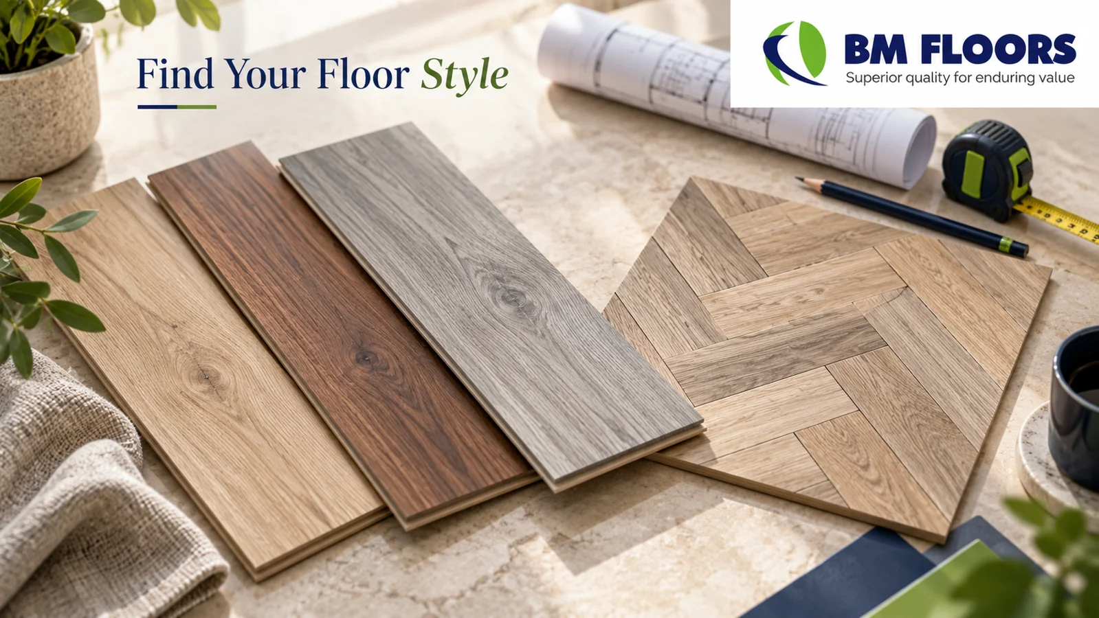 Laminate flooring in Pakistan: oak, brown, grey and herringbone style samples with the BM Floors logo