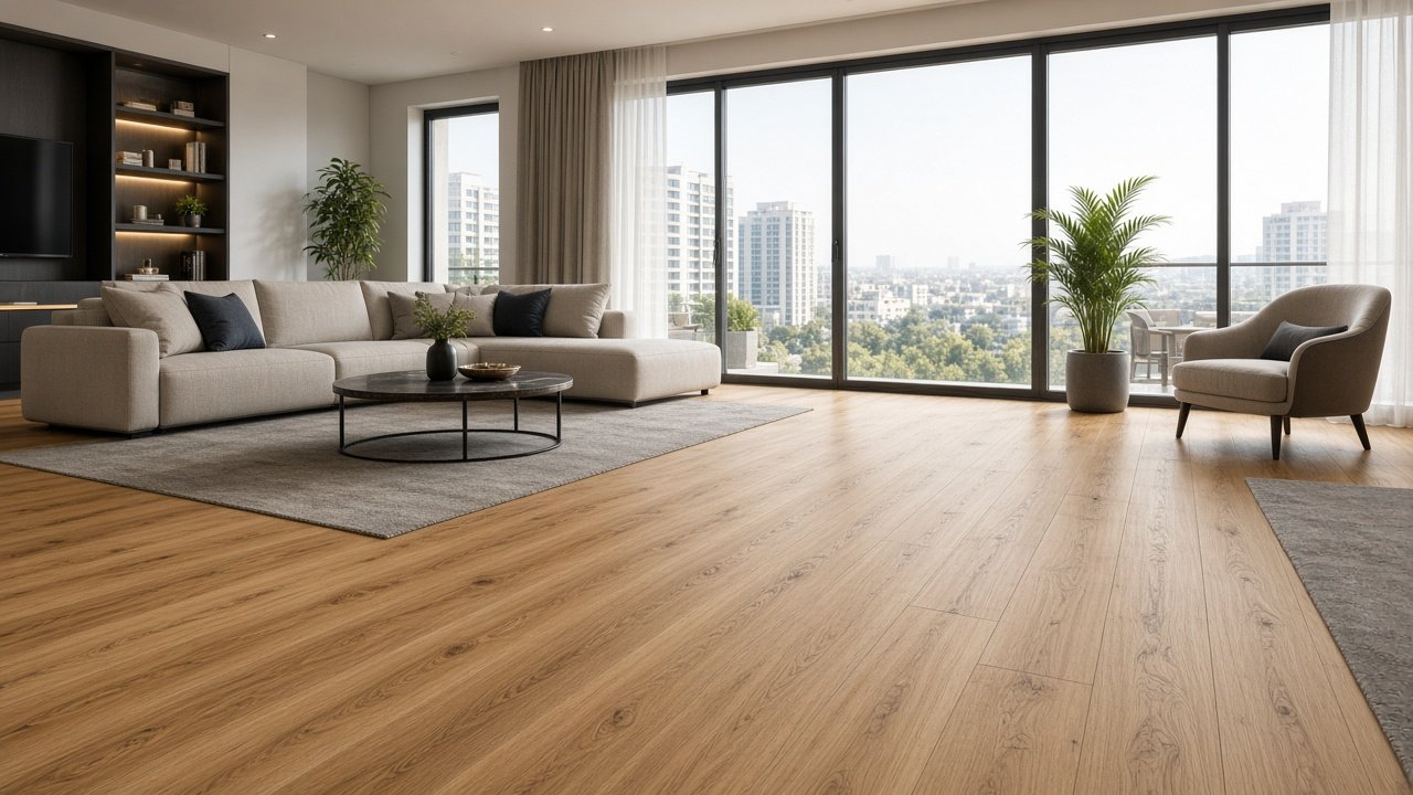 Laminate flooring Karachi showroom sample boards in oak and grey wood-look finishes at BM Floors DHA Phase 5