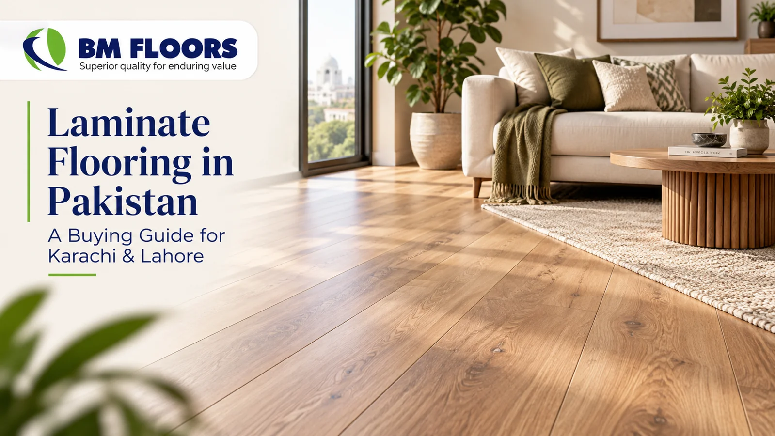 Laminate flooring in Pakistan buying guide for Karachi and Lahore, featuring BM Floors and an illustrative oak-floor living room