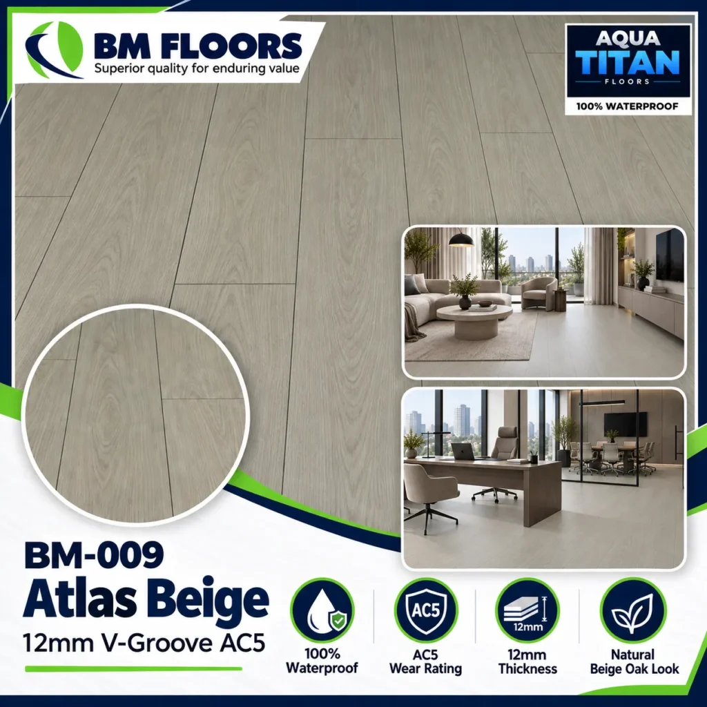 BM-009 Atlas Beige 12mm V-Groove AC5 waterproof flooring texture by BM Floors