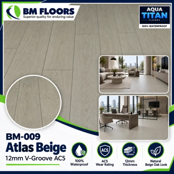 BM-009 Atlas Beige 12mm V-Groove AC5 waterproof flooring texture by BM Floors