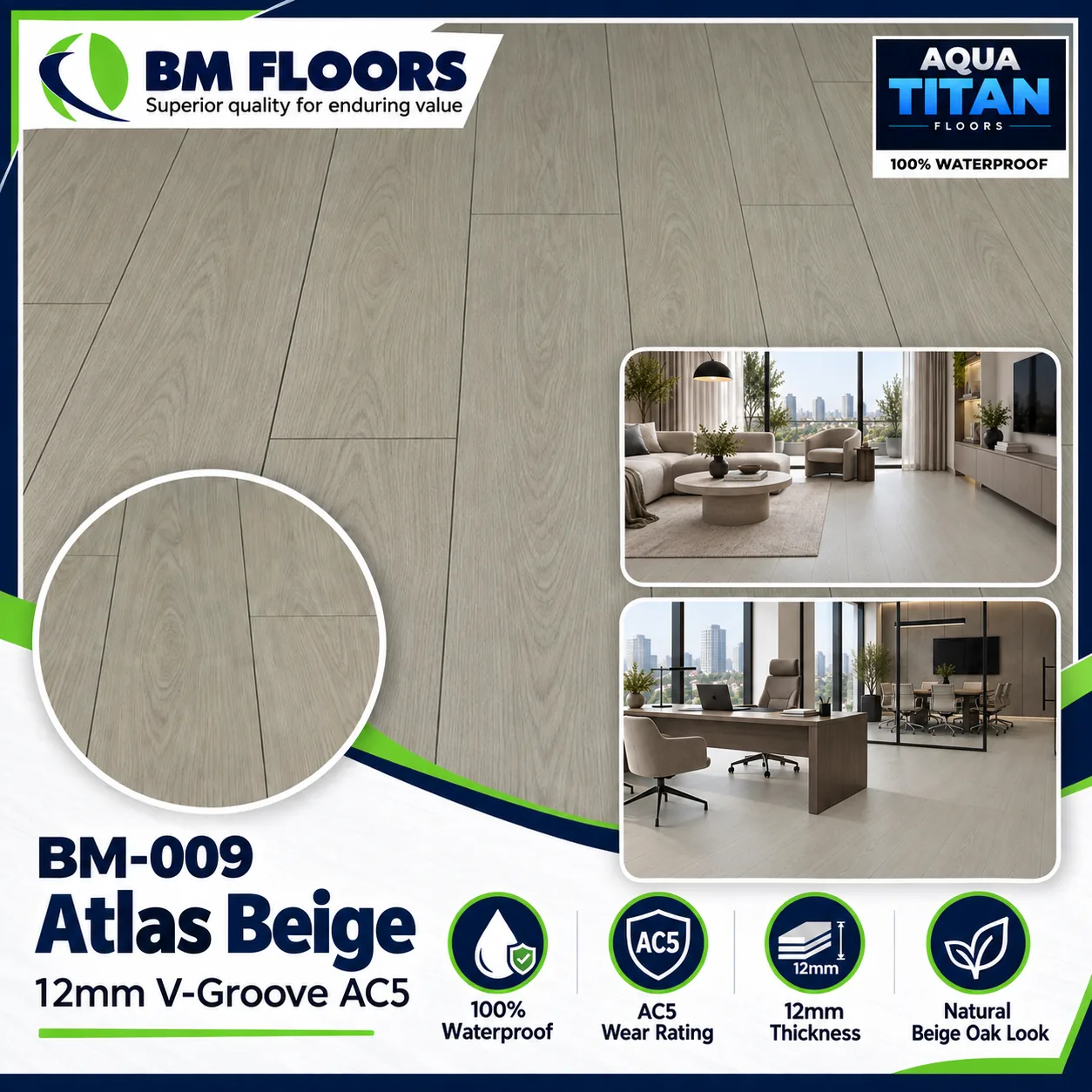 BM-009 Atlas Beige 12mm V-Groove AC5 waterproof flooring texture by BM Floors