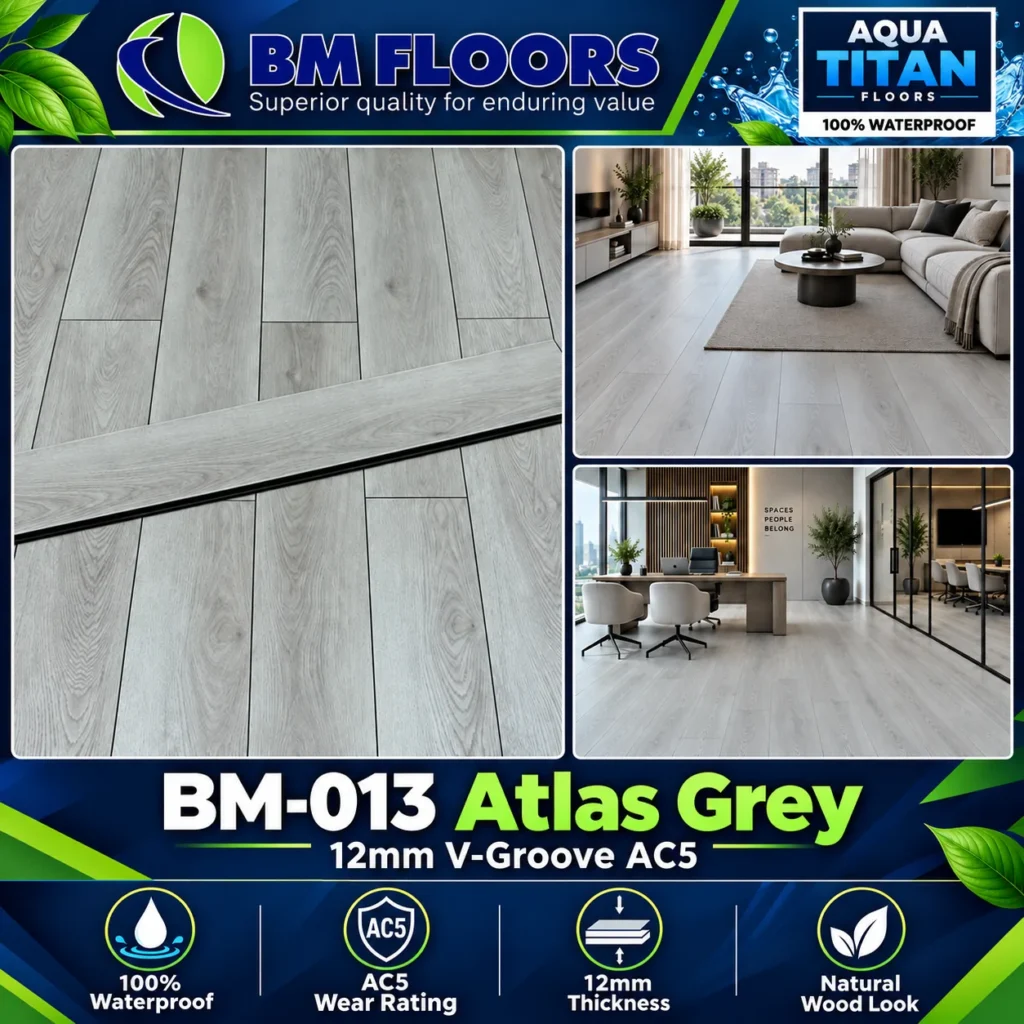 BM-013 Atlas Grey Aqua Titan 12mm V-Groove AC5 waterproof flooring by BM Floors