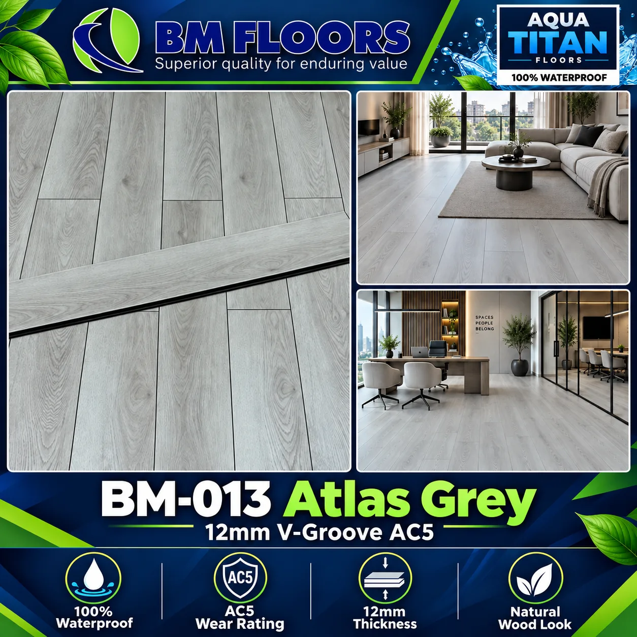 BM-013 Atlas Grey Aqua Titan 12mm V-Groove AC5 waterproof flooring by BM Floors