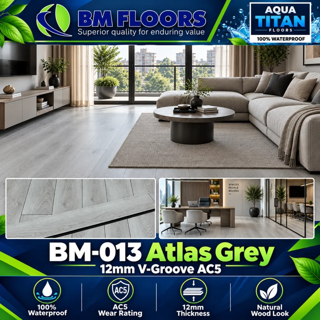 BM-013 Atlas Grey waterproof flooring in modern living room by BM Floors Aqua Titan