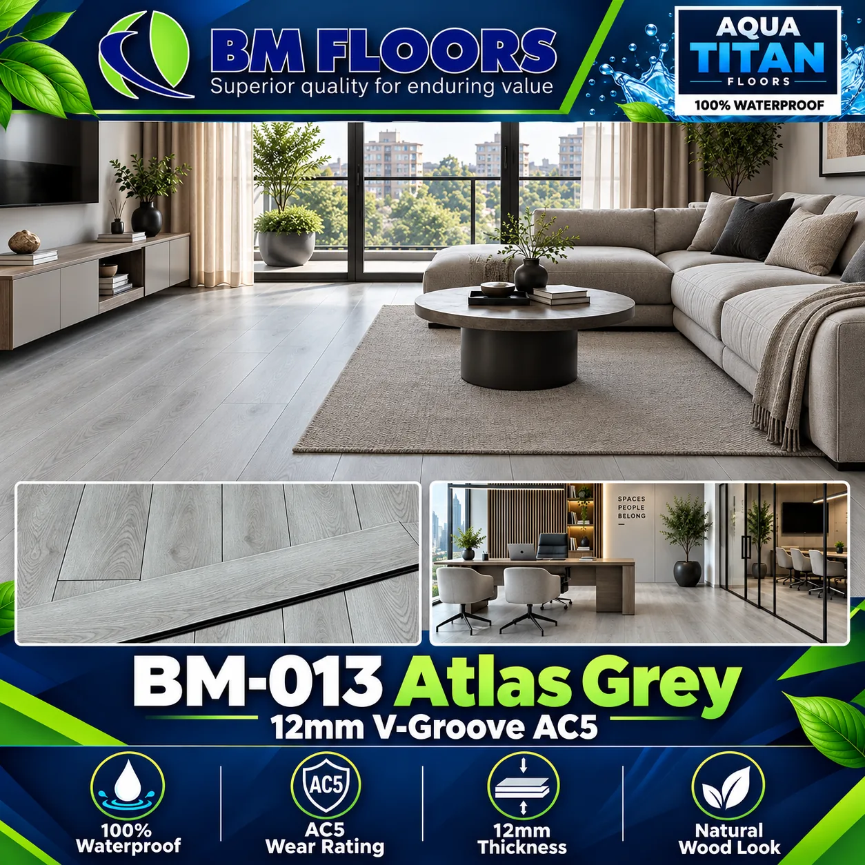 BM-013 Atlas Grey waterproof flooring in modern living room by BM Floors Aqua Titan