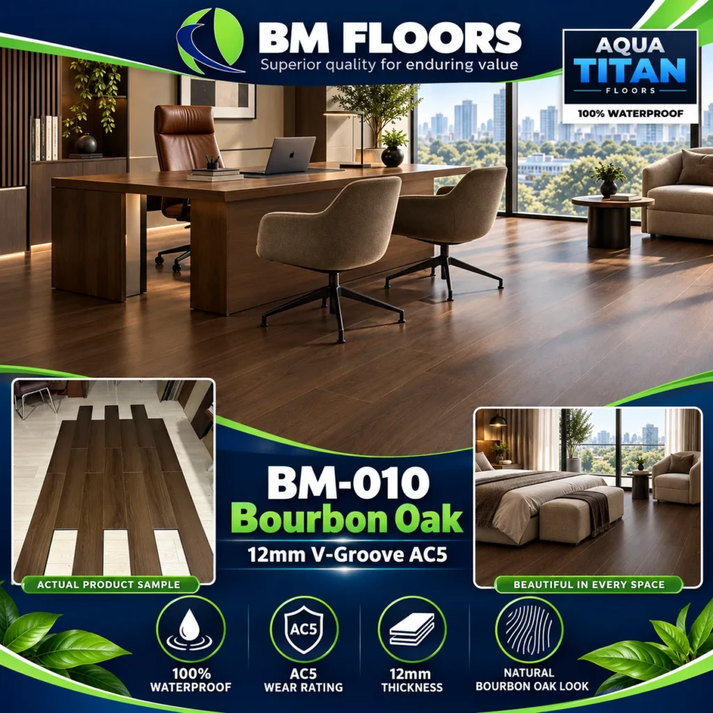 BM-010 Bourbon Oak waterproof flooring in modern office by BM Floors Aqua Titan