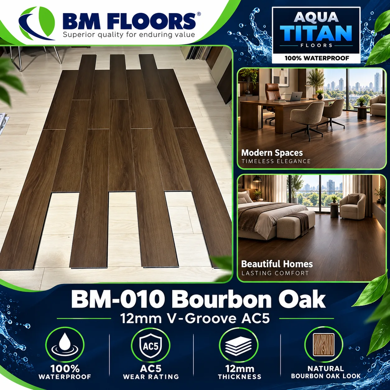 BM-010 Bourbon Oak Aqua Titan 12mm V-Groove AC5 waterproof flooring product sample