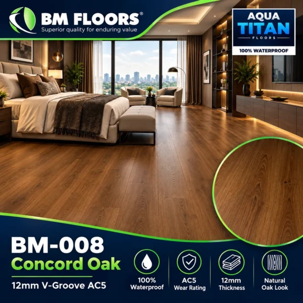 BM-008 Concord Oak Aqua Titan 12mm V-Groove AC5 waterproof flooring in luxury bedroom