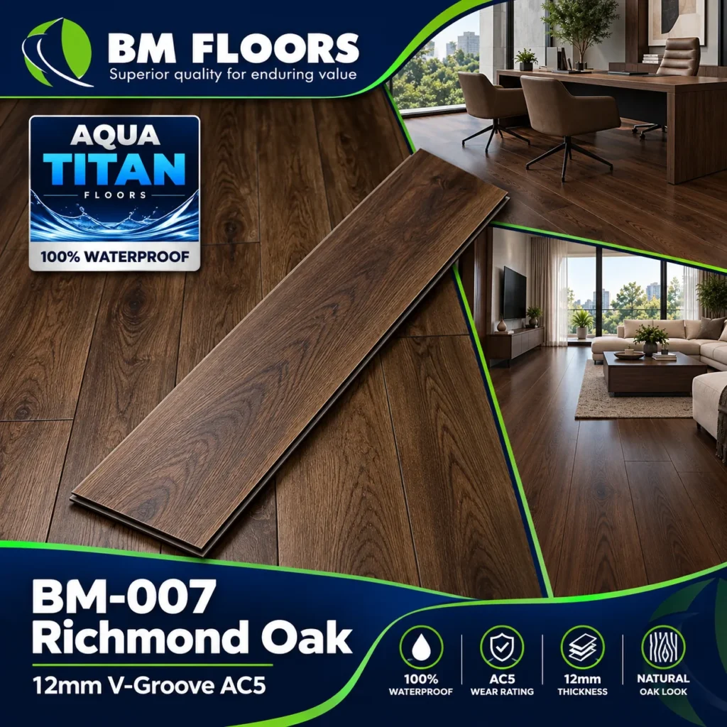 BM-007 Richmond Oak Aqua Titan 12mm V-Groove AC5 waterproof flooring by BM Floors