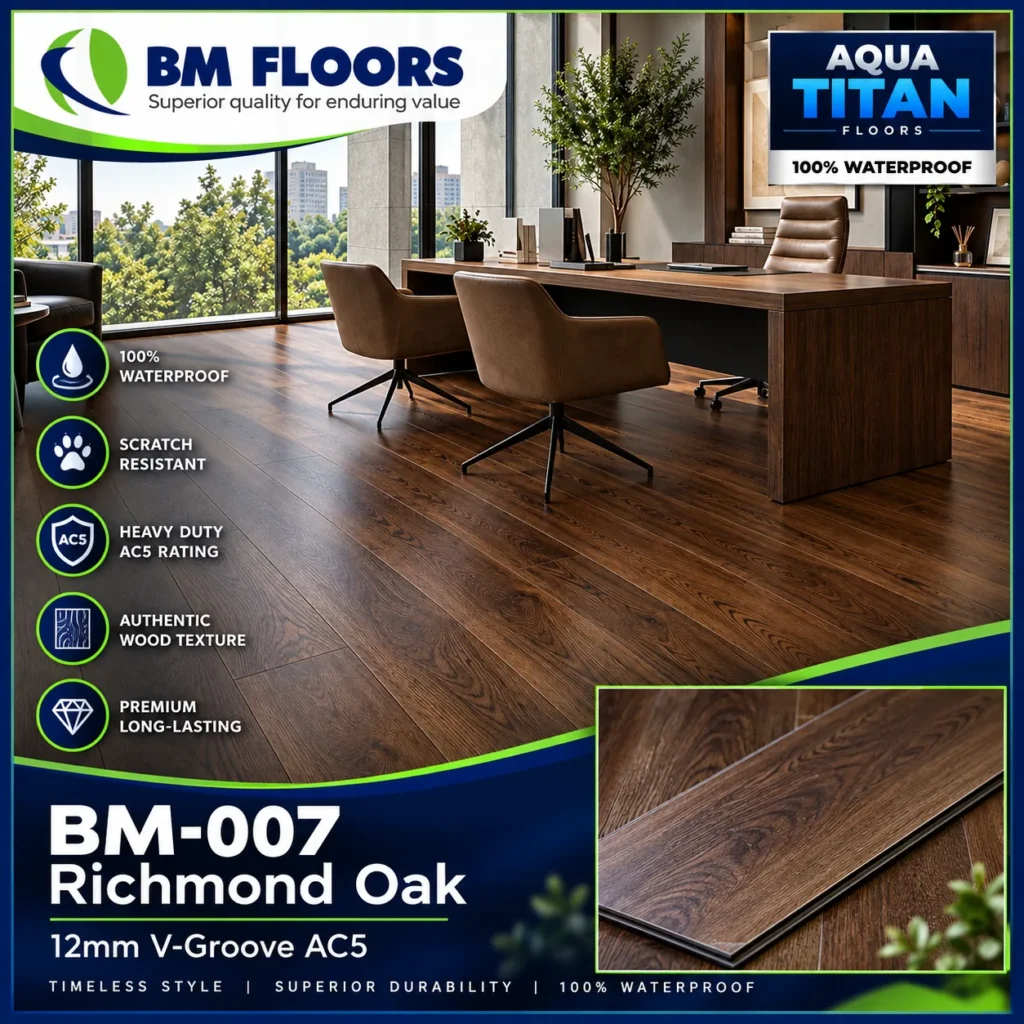Richmond Oak waterproof flooring in modern office interior by BM Floors Aqua Titan