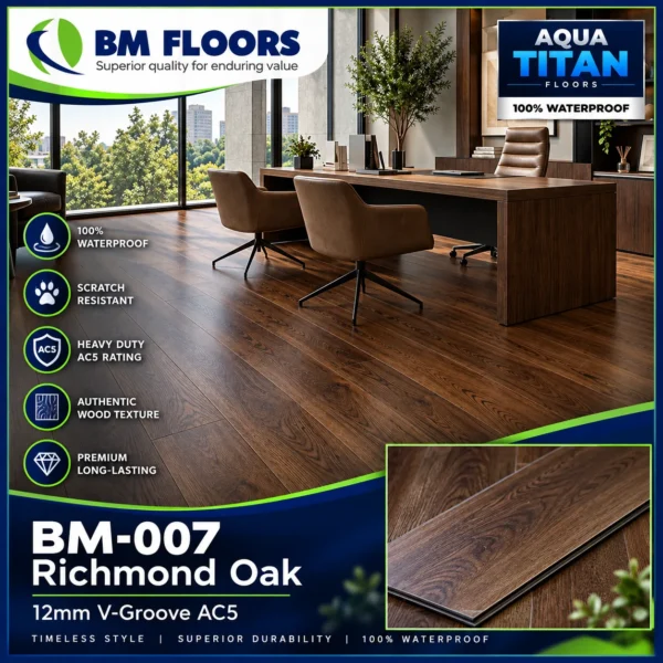 Richmond Oak waterproof flooring in modern office interior by BM Floors Aqua Titan