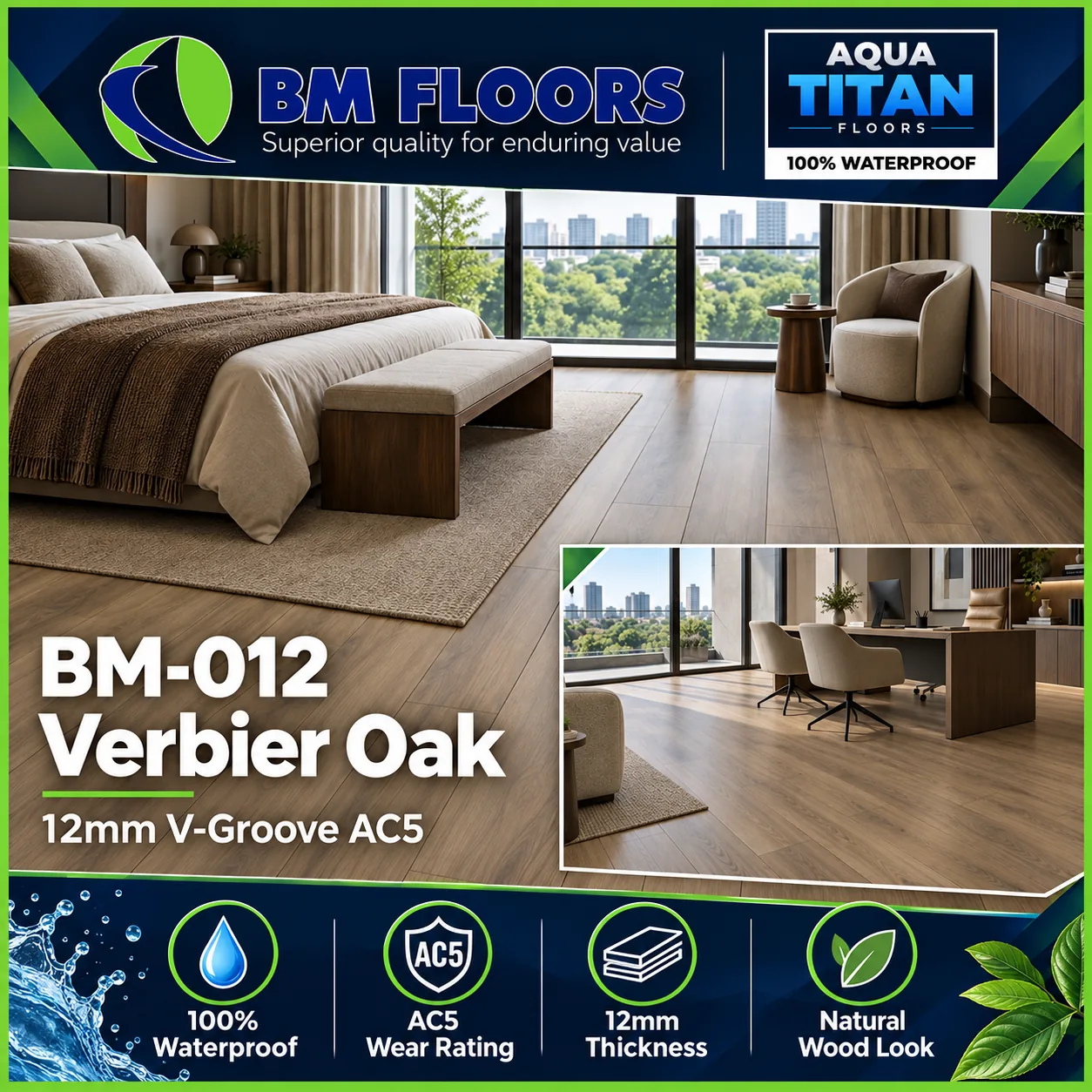 BM-012 Verbier Oak 12mm AC5 waterproof flooring in modern office interior