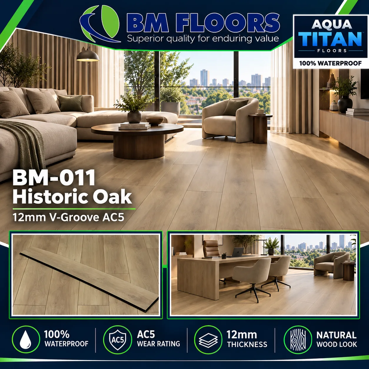 BM-011 Historic Oak 12mm AC5 waterproof flooring in modern office interior